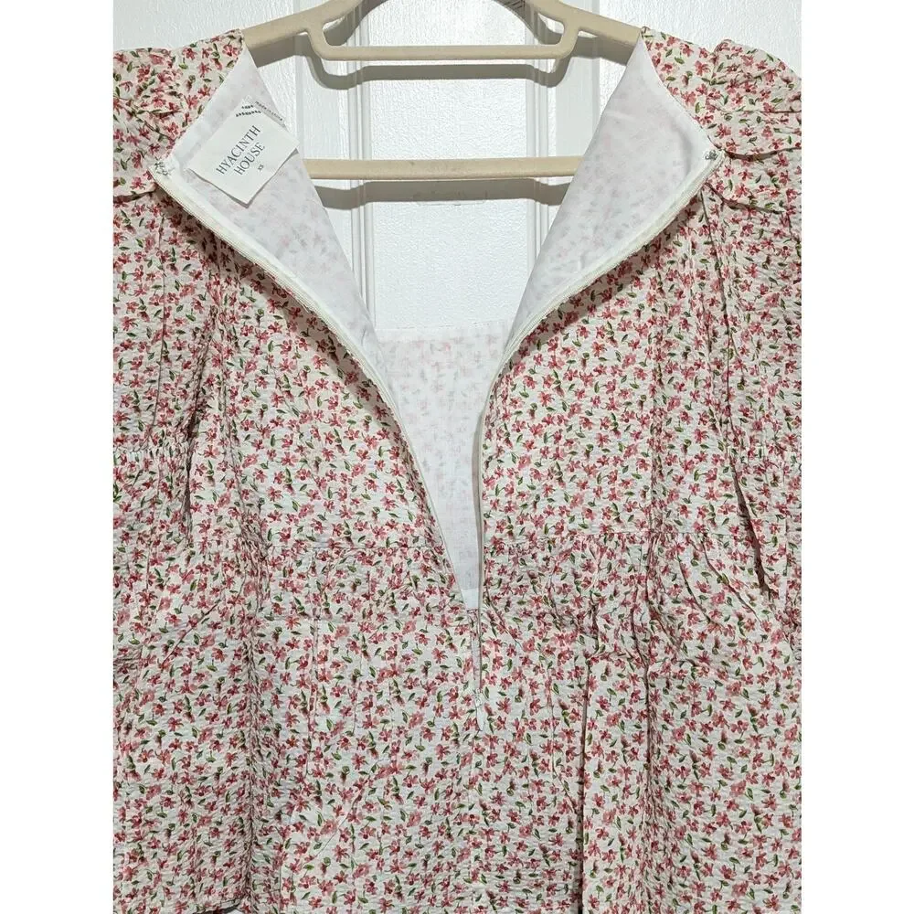 Hyacinth House Tuckernuck NWT Peplum Blouse XS Floral Pink White Puff Sleeve Top